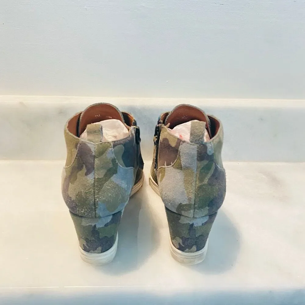 Linea Paolo Camo Suede Side Zip Anna Wedge Sneaker Bootie Green Size 7M